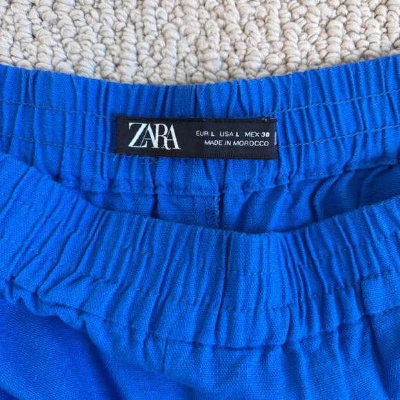 ZARA Linen Blend Wide Leg Palazzo Pants, Size Large, Royal Blue, Elastic Waist - Picture 6 of 16